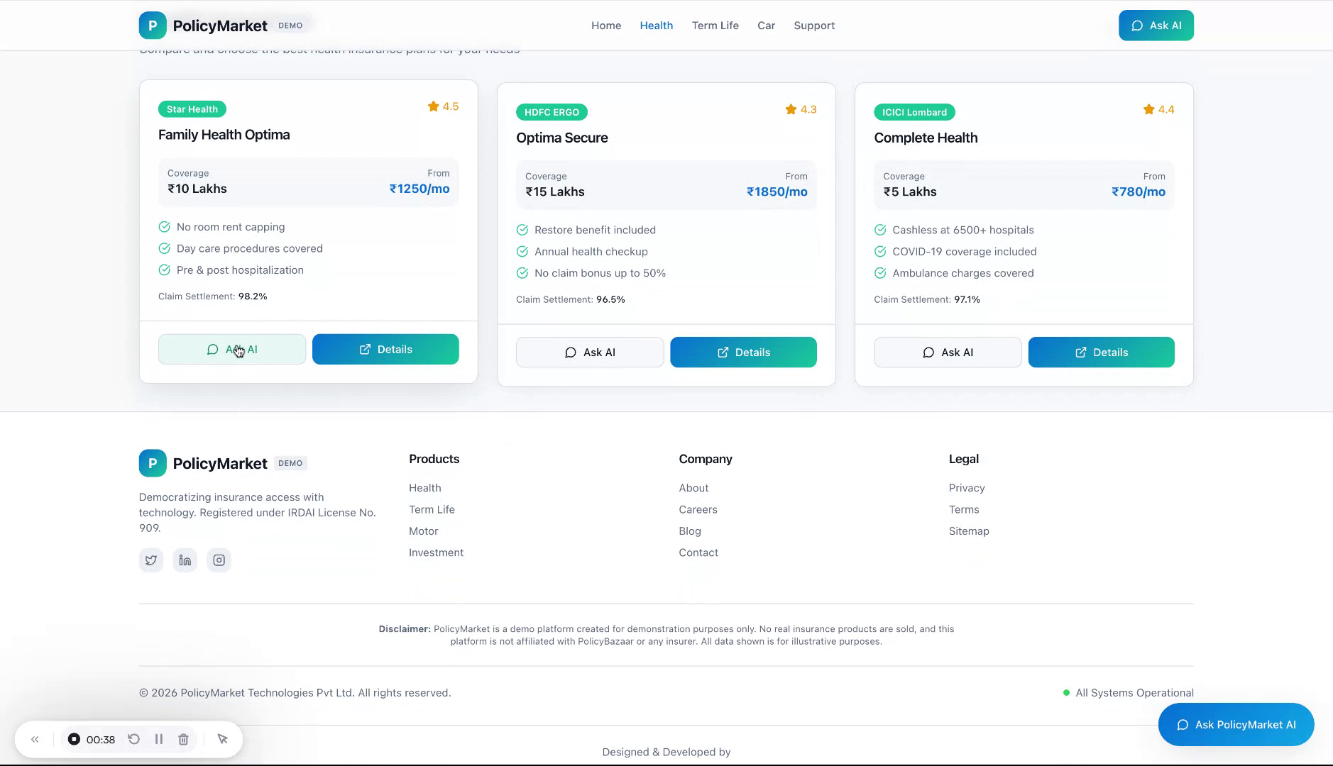 PolicyMarket health insurance plan comparison cards