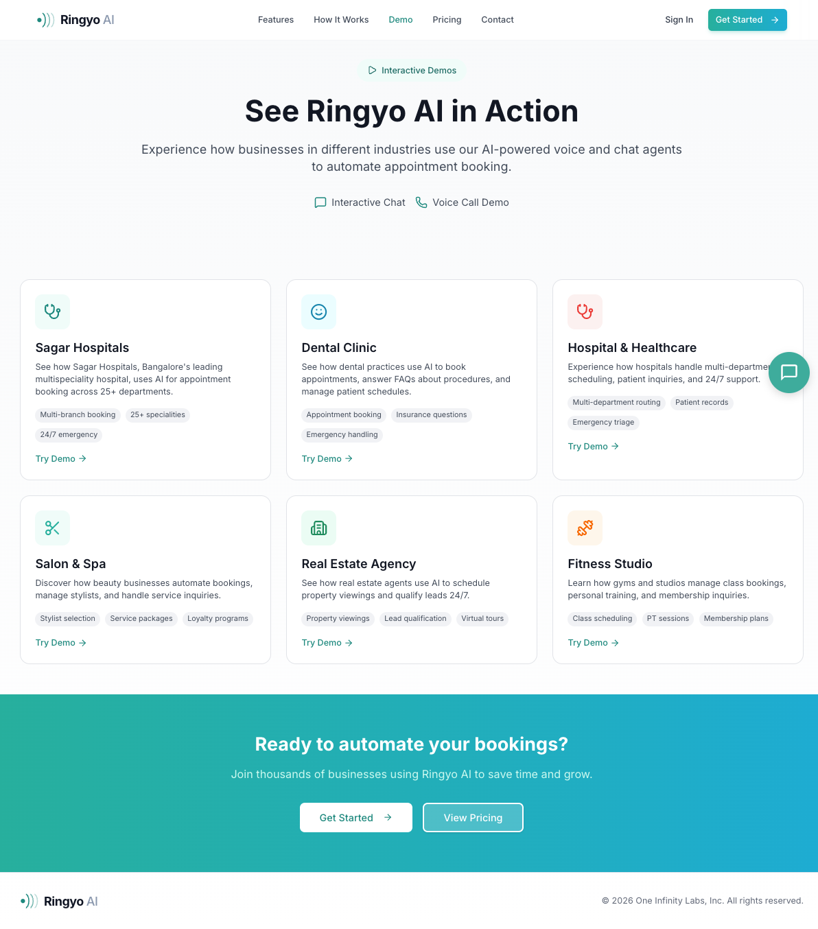 Ringyo AI Demo - Industry-specific voice agent configurations